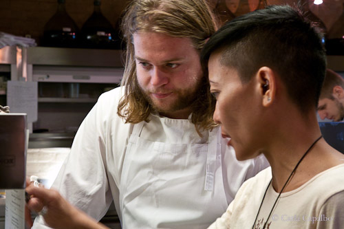 Magnus Nilsson studies the menu with sommelier Linda Violago Magnus Nilsson studies the menu with sommelier Linda Violago